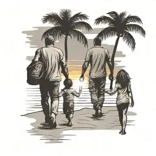 Mom And Dad With Kid Son Walking On A Beach With Palm Trees And Sunset