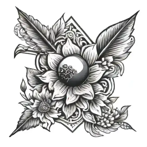 Navy Ink With An Arrow And A Sun And A Flower