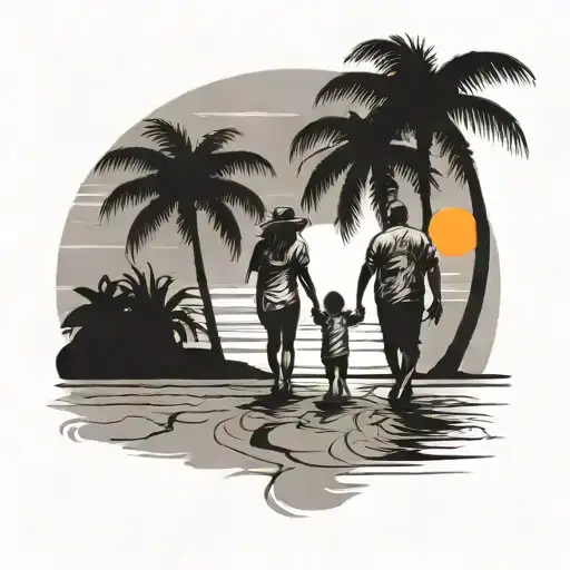 Mother And Father With Kid Son Walking On A Beach With Palm Trees And Sunset