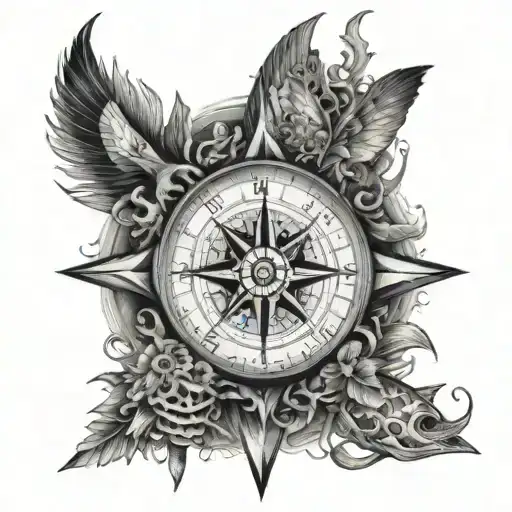 Compass Surrounded By Sea Creatures Emerging