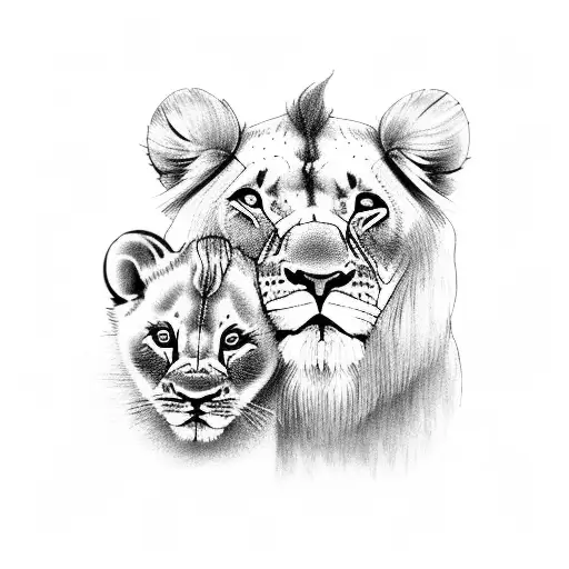 Baby Lion And Adult Lion In The Dessert