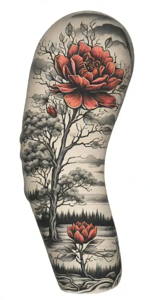 Tree Line With One Big Red Flower