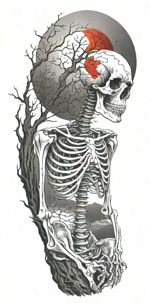 A Skeleton Resting Upon A Tree Staring Into A Red Sun