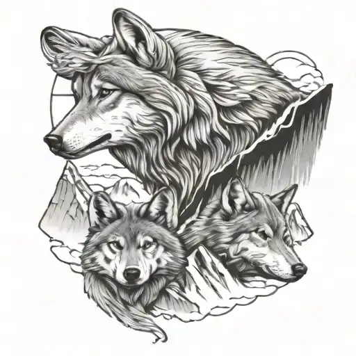 Wolf Head Over Looking Mountain With 2 Wolf Cubs At The Bottom