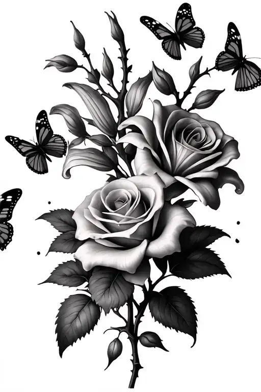 Lily And Rose Thorn With Butterflies