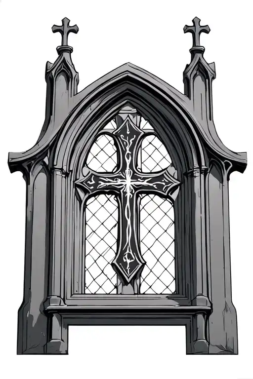 Gothic Church Window With Cross In Middle