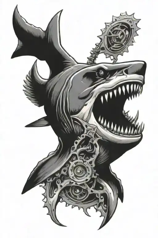 Shark With A Gear In Its Teeth Tattoo