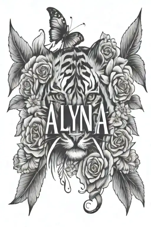 Tiger Head With Roses And Daisies And Butterflies