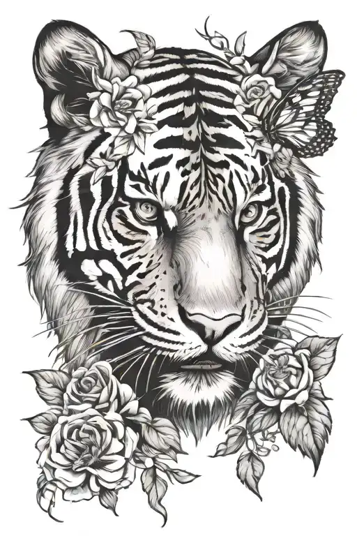 Tiger Head With Roses And Daisy Flowers And Butterflies Flying Around Tattoo