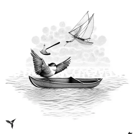 A Robin Flying Over A Rowing Boat With A Crochet Patterned Sail
