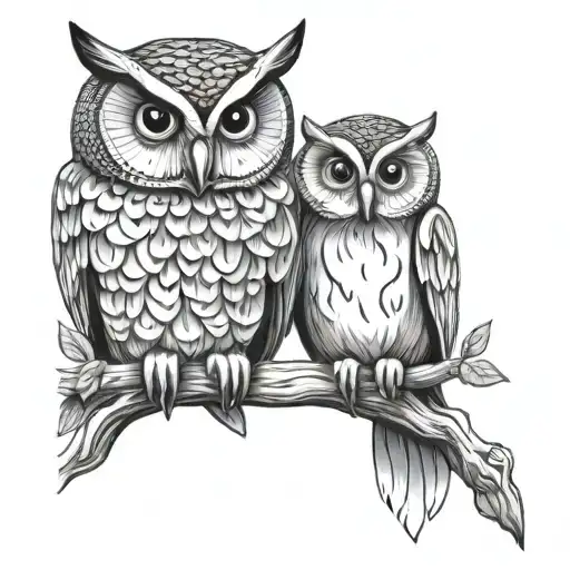 Owl Perched With Baby In Middle