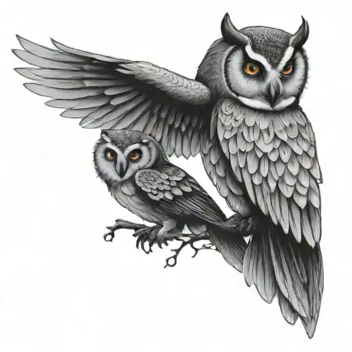 Mother Owl With Wings Around Baby