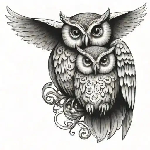 Mother Owl With Wings Around Baby