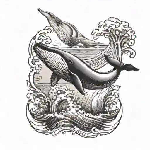 A Black-grey Tattoo Of A Whale Breaching The Surface Of The Water With A Sailboat In The Background