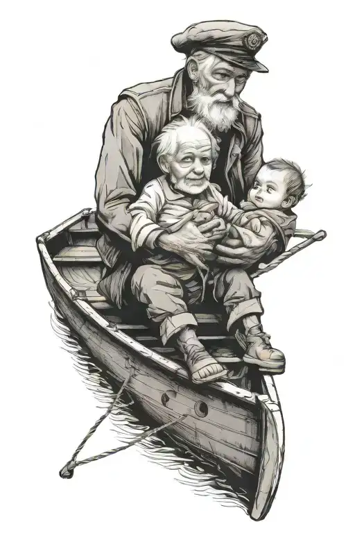 Old Man Holding A Baby On A Boat Floating
