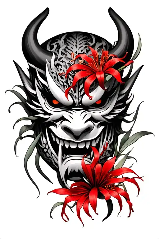 Japanese Demon Mask With Centepide Crwaling On It With Red Spider Lilies