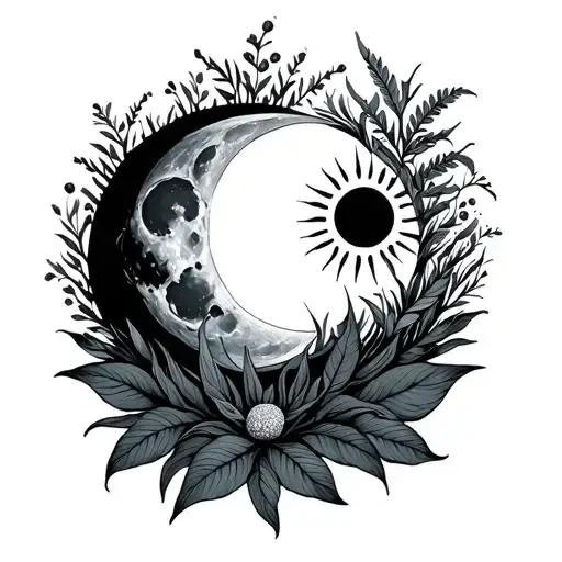 Moon And Sun With Plants Around Them