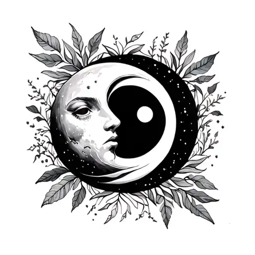 Moon And Sun With Plants Around Them