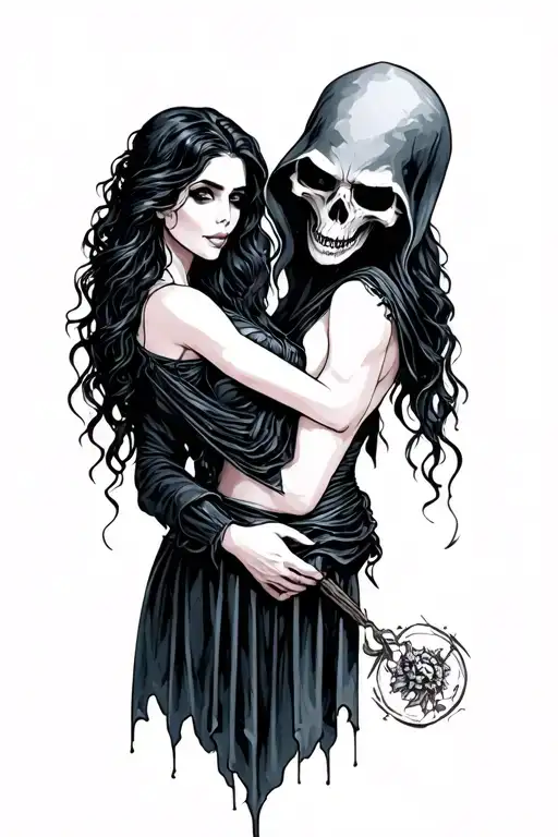 Grim Reaper Holding Dark Haired Woman