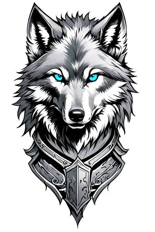 Wolf With Blue Eyes On Armor Sparta Design