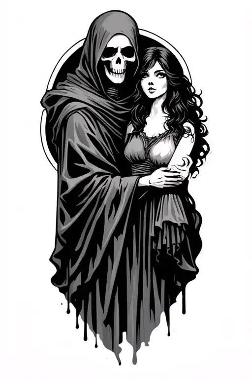 Grim Reaper Holding Dark Haired Woman