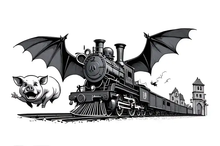 Train With Ozzy Osborne With Bat Flying And Pig Doing War