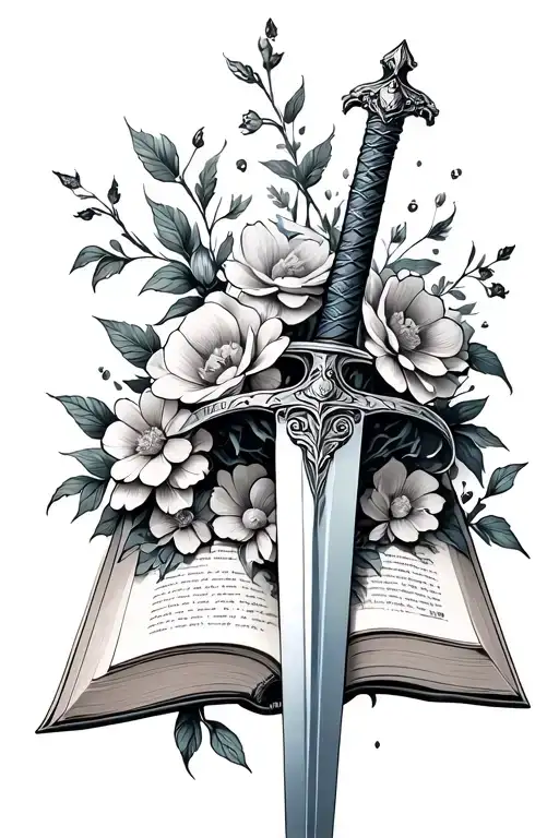 Book With A Sword Coming Out Of It And Flowers Wrapped Around Sword