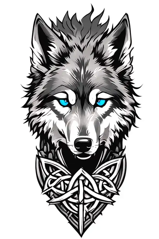 Wolf With Blue Eyes On Armor Tattoo Design Featuring Celtic Trinity Knot