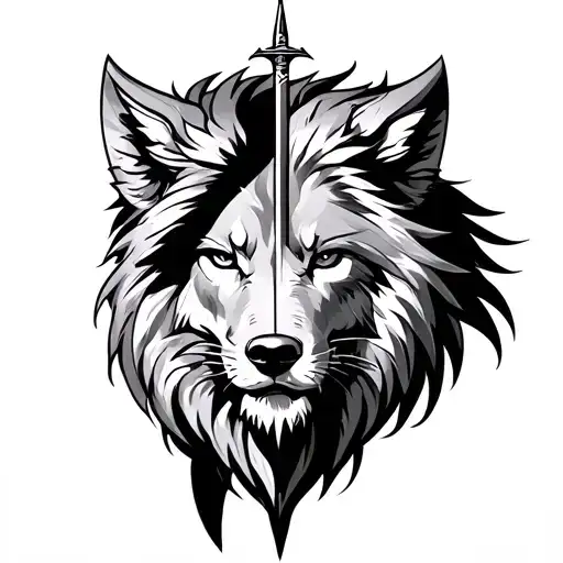 Half Lion Half Wolf And Sword In Middle Part