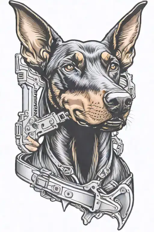 Tattoo Doberman With A Gun In His Teeth And On His Hands