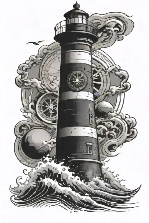 Lighthouse With A Compass In The Background And Waves And A Baner Across The Bottom