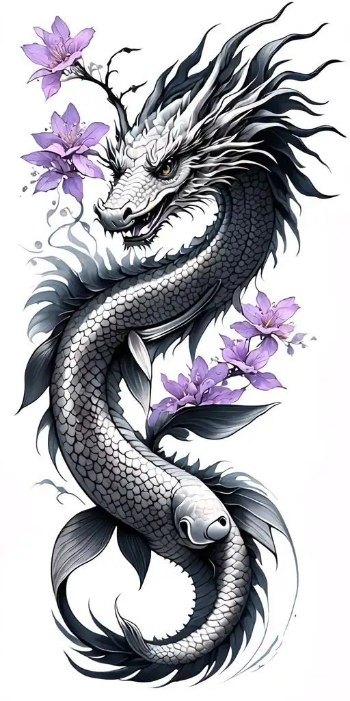 Dragon With 3 Koi's And Purple Cherry Blossoms