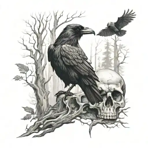 Raven And Skull In Woods With Person Walking In The Distance