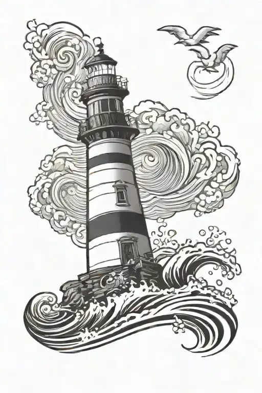 Lighthouse With Waves And A Baner Across The Bottom