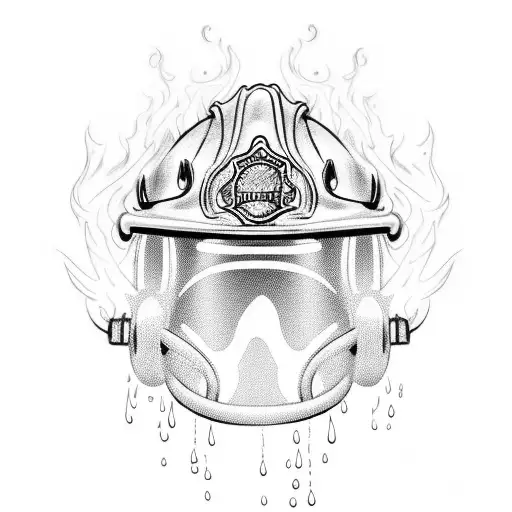 An Intricate Design Of A Firefighter's Helmet Engulfed In Flames And Water Droplets