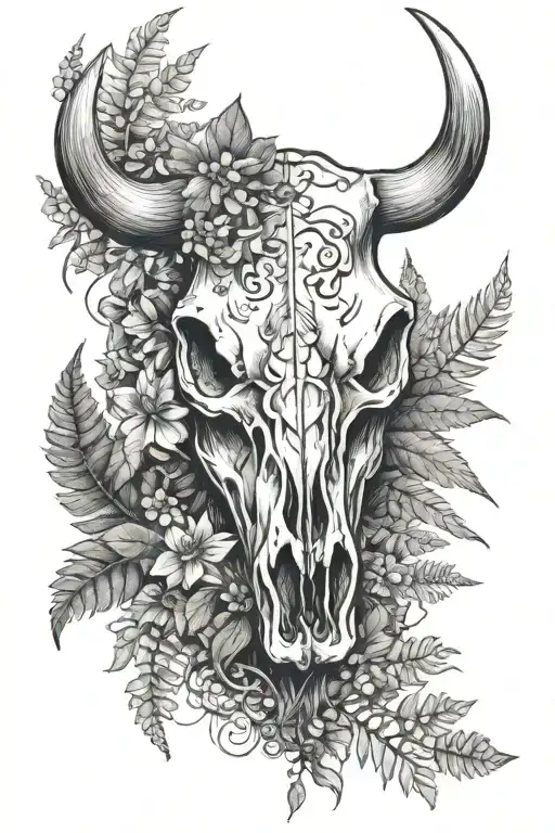 Cow Skull With Ferns And Flowers Wrapped