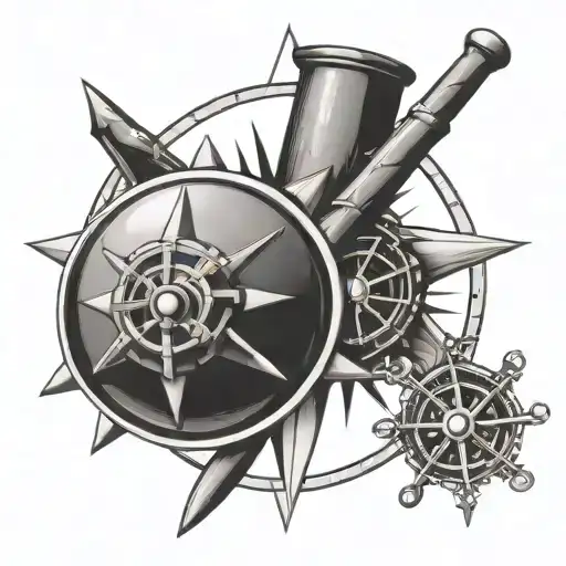 Compass Rose With A Firefighter's Axe And A Deep Sea Diver's Helmet As The Directional Points