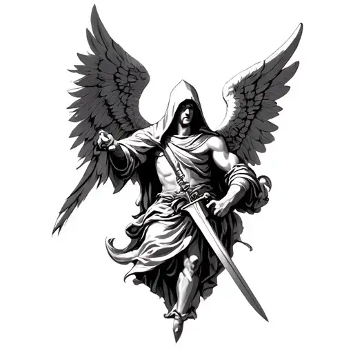 Archangel Michael With Hood Coving Face And Holding A Sword