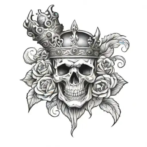 Skull With A King Crown And Roses On Fire And An Aries