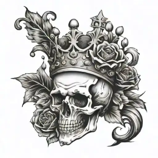 Skull With A King Crown And Roses On Fire And An Aries On The Clouds On Arm