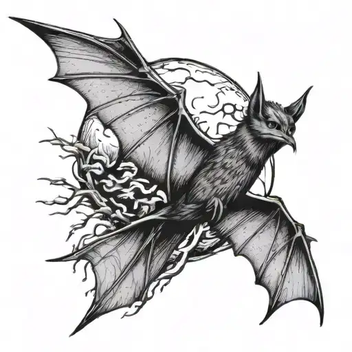 Half Moon Breaking Into Bats Flying Across