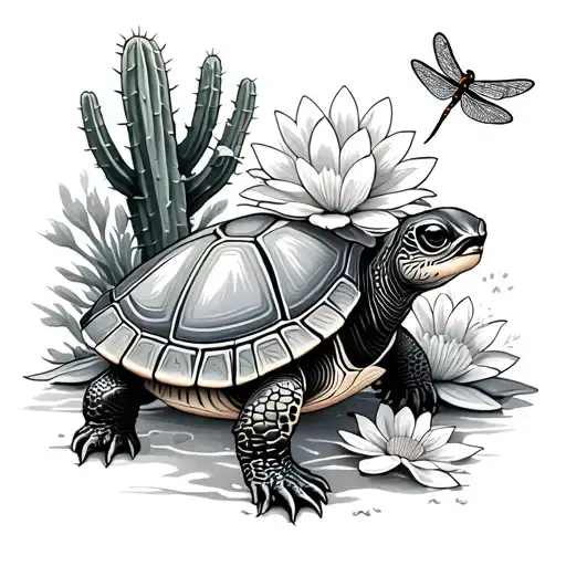 Turtle And Cactus And Flower And Dragonfly