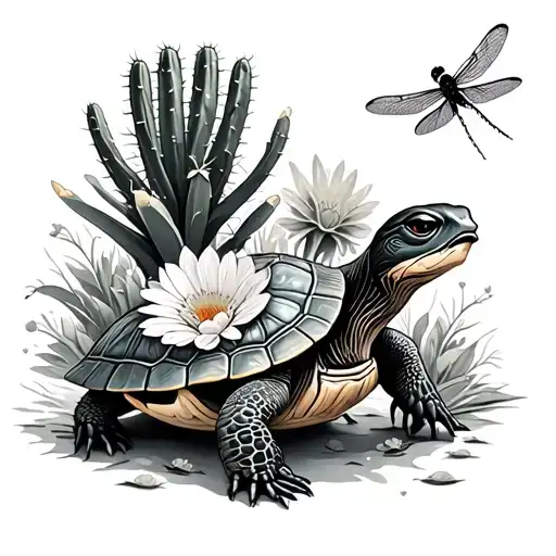 Turtle Eat Cactus And Flower And Dragonfly Sit Under