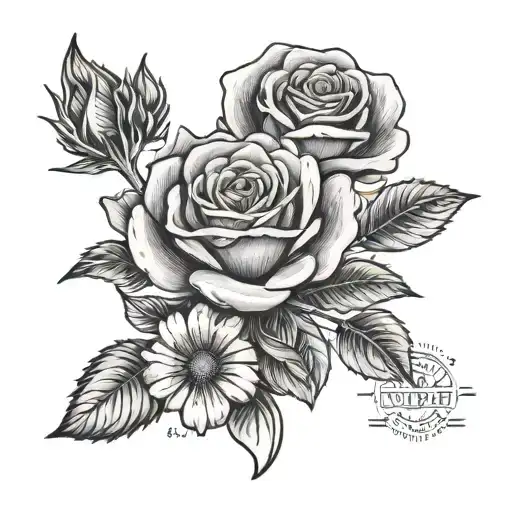 A Black And Grey Tattoo Of A Rose And Daisy Bouquet With A Passport Stamp From Dublin