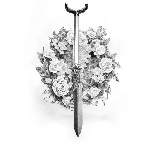Sword With Flowery Wreath In Background