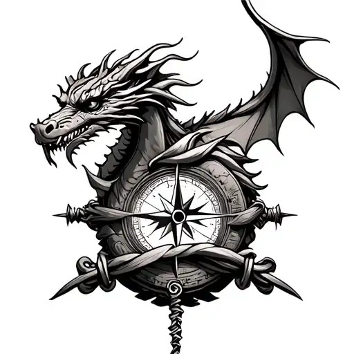 Dragon On Compass With 3 Laces Wrapped Arround The Compass On A Forearm