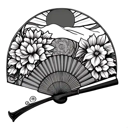 Asian Fan With Flowers And Sun