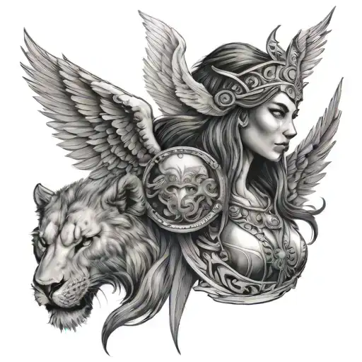 Female Warrior With Angel Wings And Lion Head