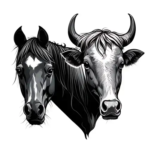 Horse And A Bull Side By Side View