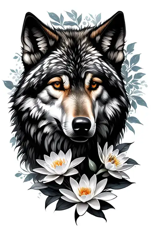 Wolf With Carnations And Water Lily